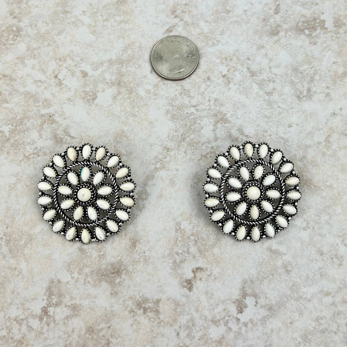Large Silver Rope and White Stone Flower Concho Stud Earrings