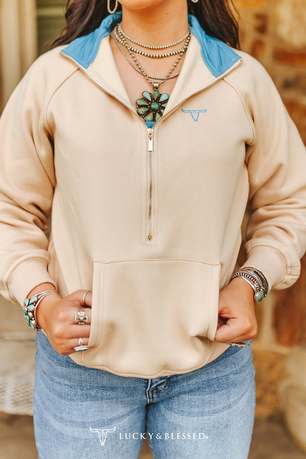 Sand & Turquoise Western 1/4 Zip Pullover