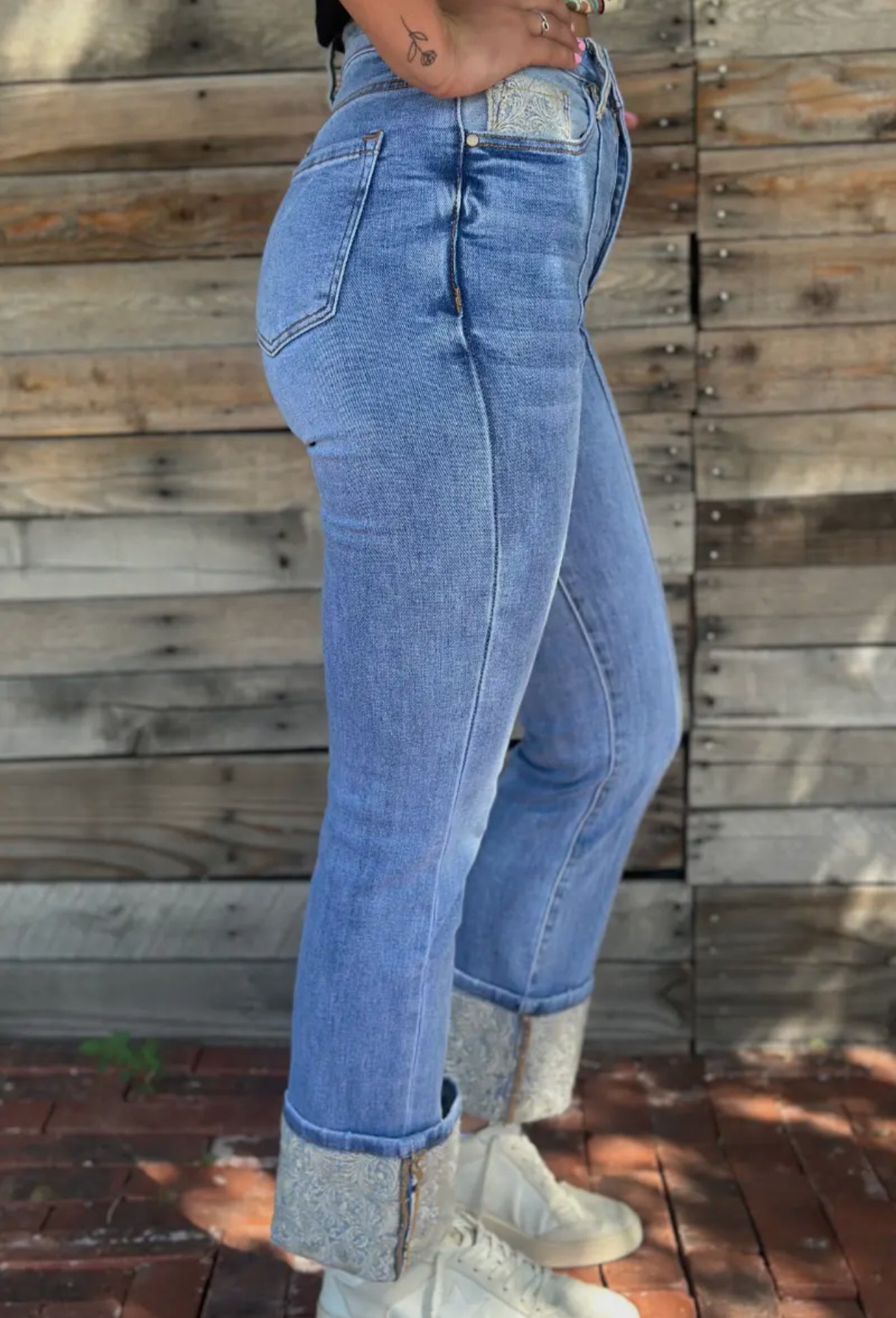 Denim and Lace Cuffed Jeans