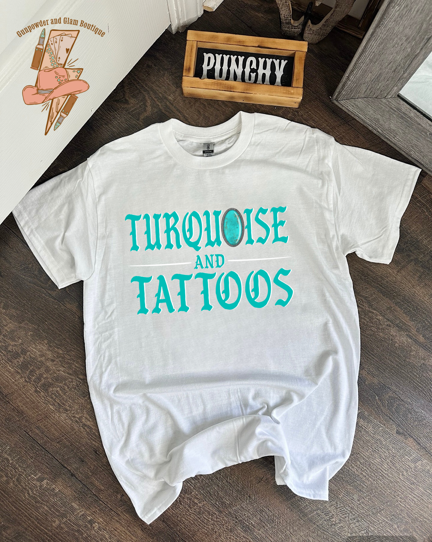 Turquoise & Tattoos tee or crewneck