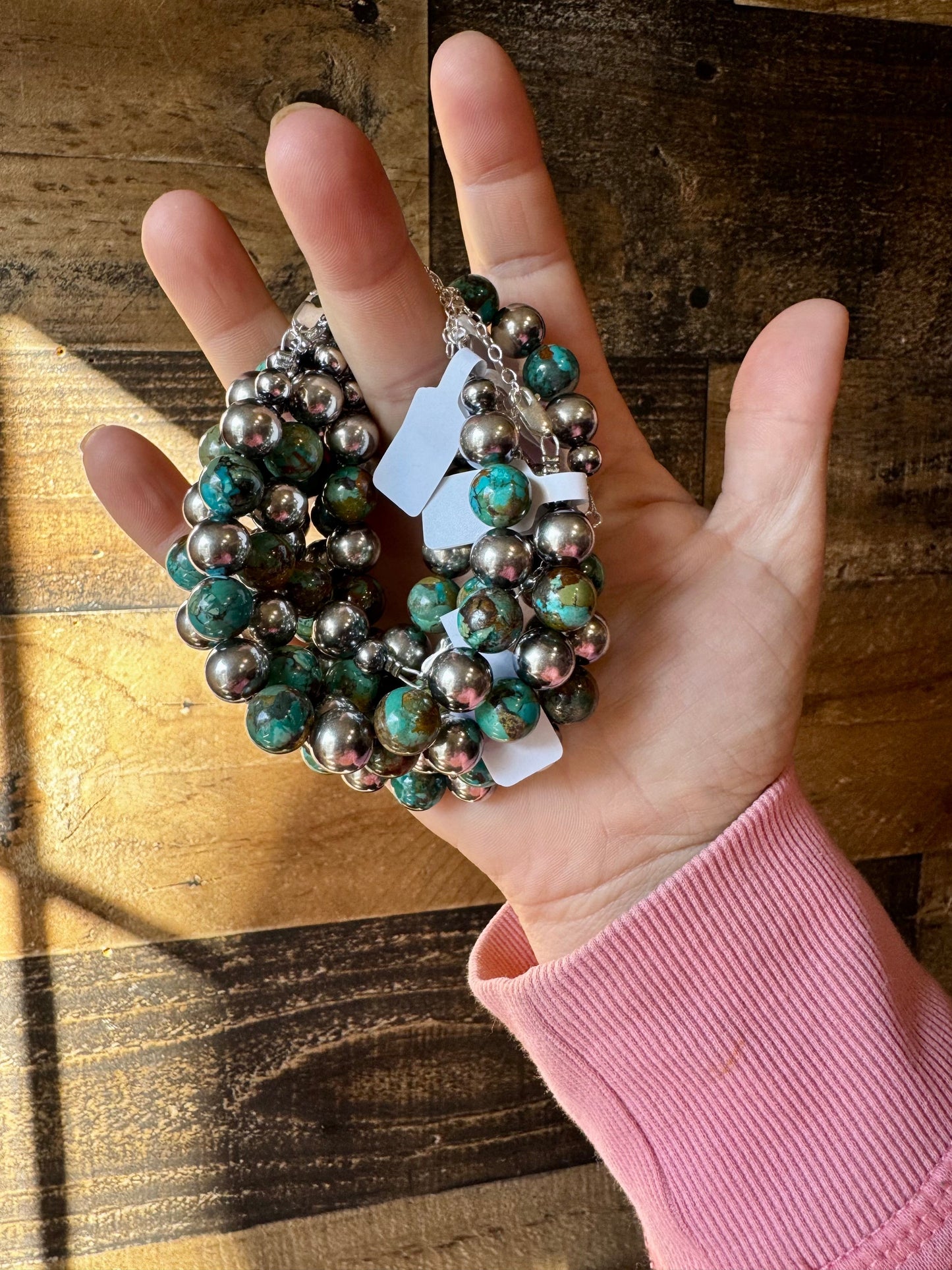 10 mm Sterling Silver Pearls and Turquoise Bracelet