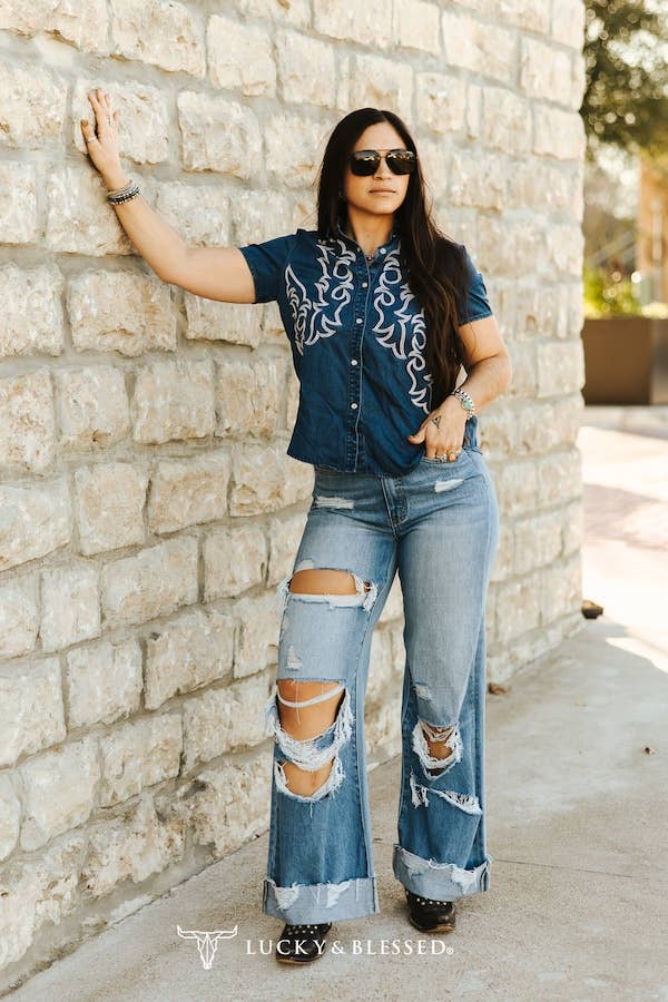 The “Free Spirit” Distressed Wide Leg Cuffed Jeans