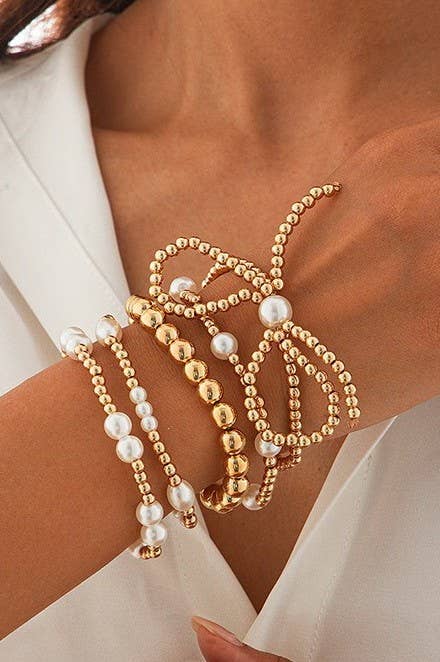 Multi Layer Ball Bead Pearl With Bow Bracelet 5/pc Set