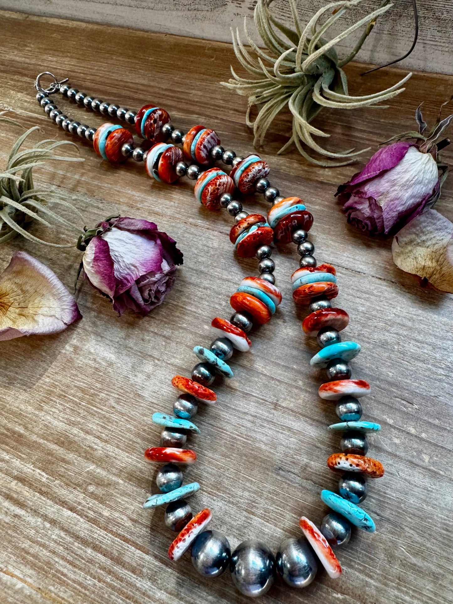 NFR Collection Necklace – Sterling Silver Pearls with Blue Turquoise & Spiny Oyster – Handmade 29"