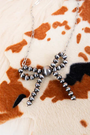 Emmeline Silver Faux Pearl Bow Necklace