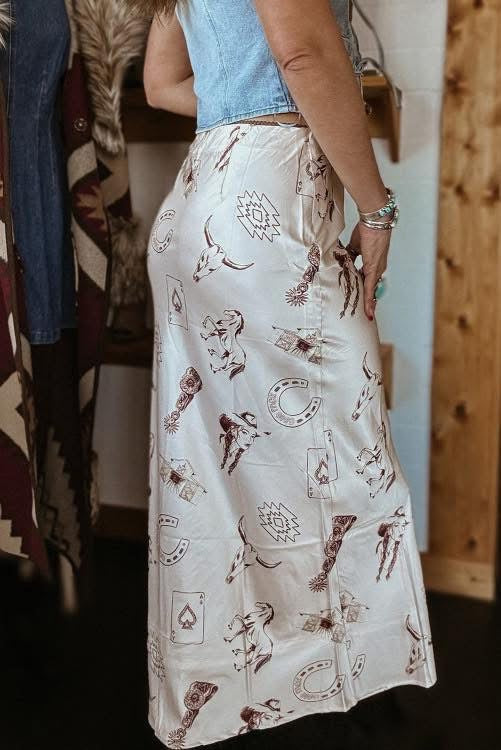 Beige Western Print Satin Long Skirt