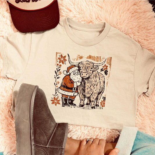 Santa Hugging Highland Tee