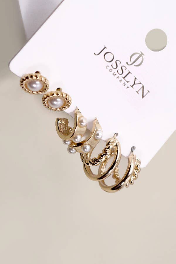 Gold Pearl Hoop Stud Trio Earring Set