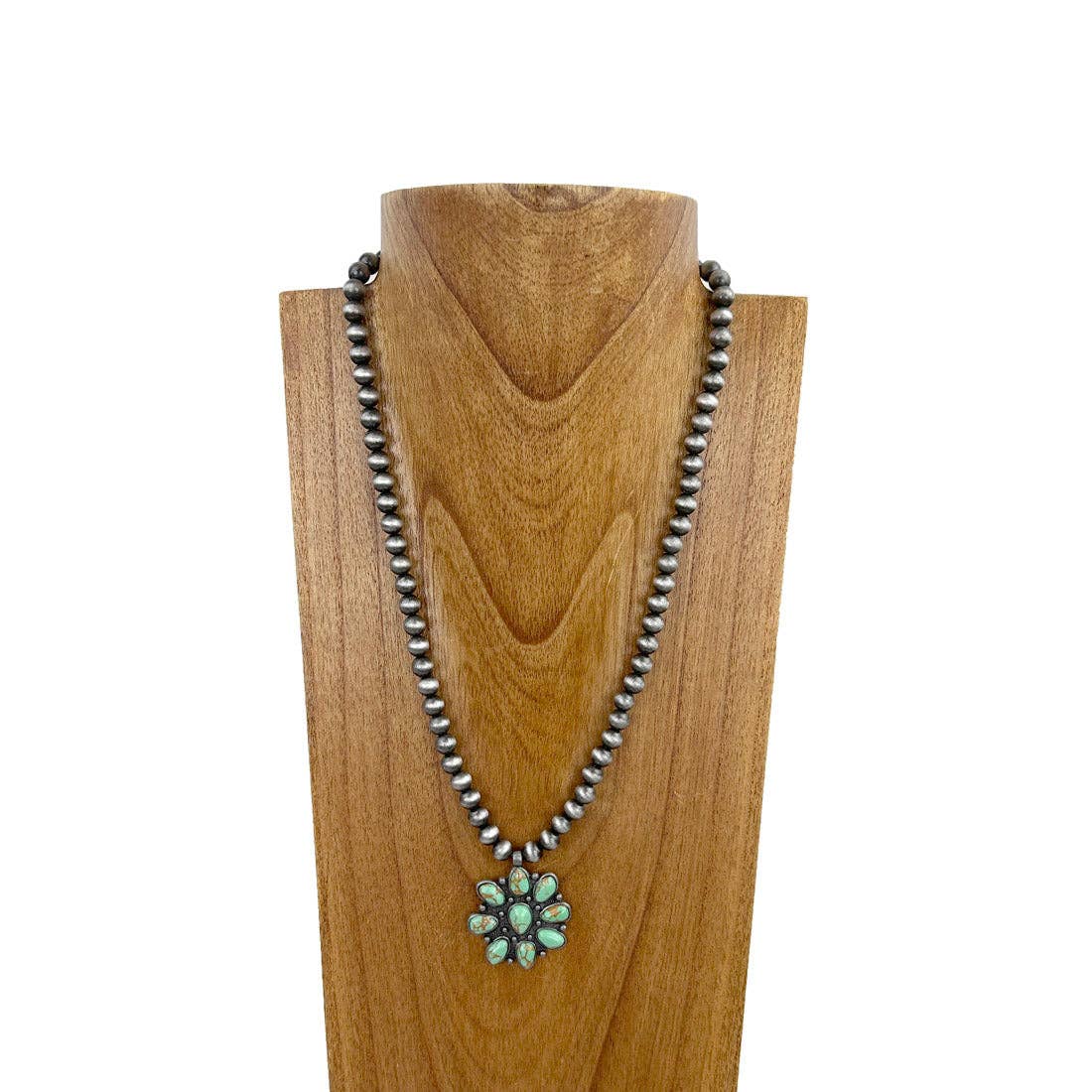 Navajo Inspired Pearl Necklace with Faux Turquoise Pendant