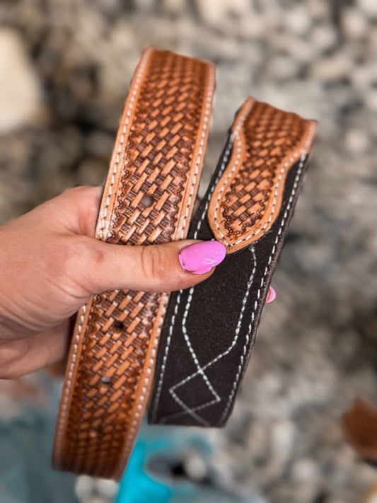 Chocolate Tooled & Suede Belt