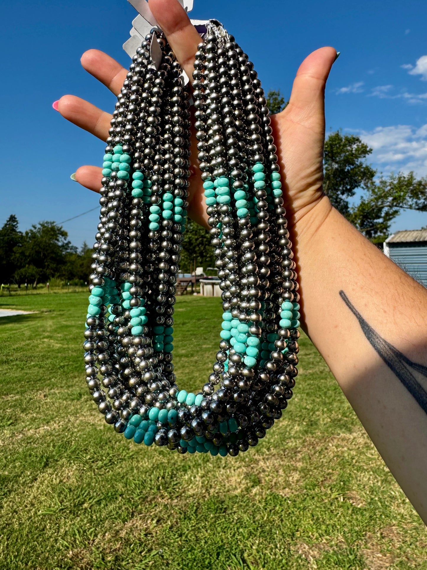 Sterling Silver Pearl & Blue Turquoise Necklace – 19"