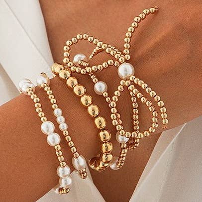 Multi Layer Ball Bead Pearl With Bow Bracelet 5/pc Set