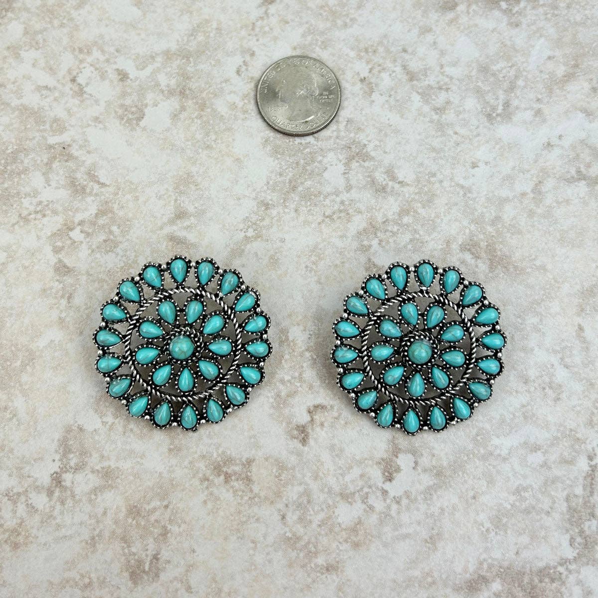 Large Silver Rope & Turquoise Flower Concho Stud Earrings