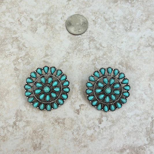 Large Silver Rope & Turquoise Flower Concho Stud Earrings