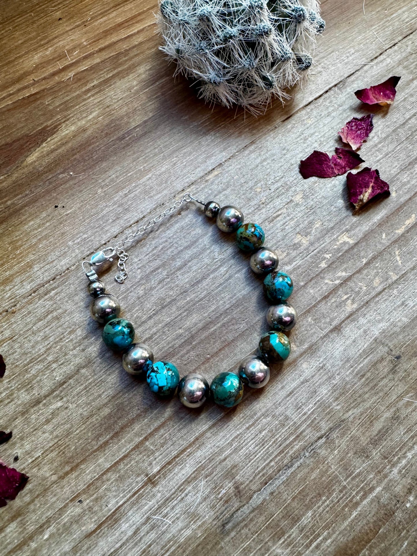 10 mm Sterling Silver Pearls and Turquoise Bracelet