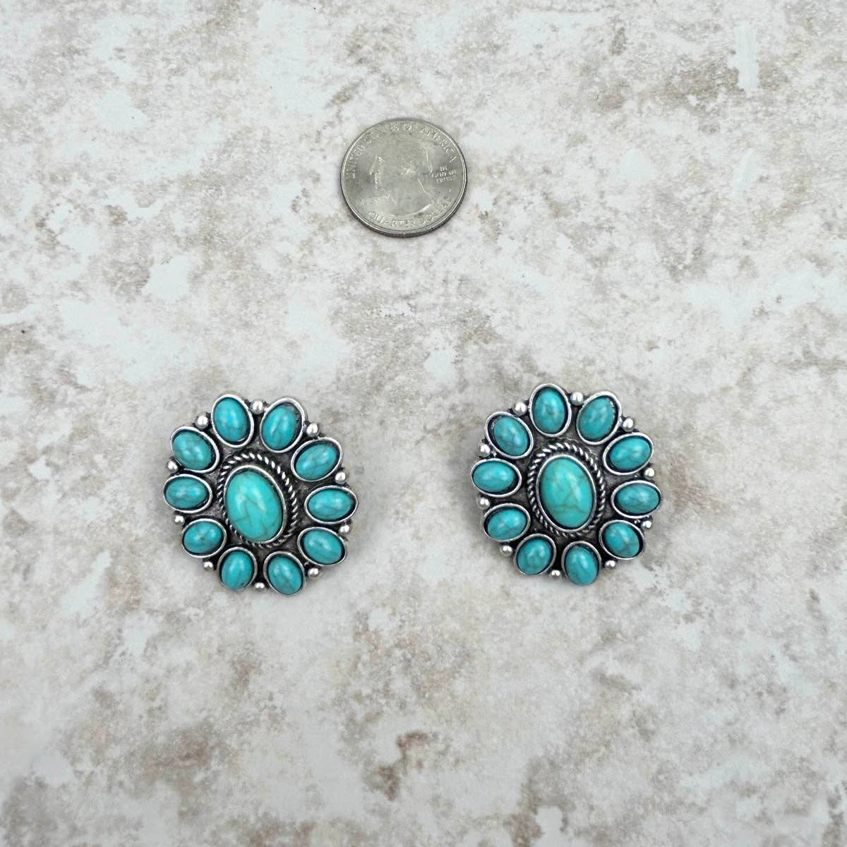 Silver and Turquoise Floral Concho Stud Earrings
