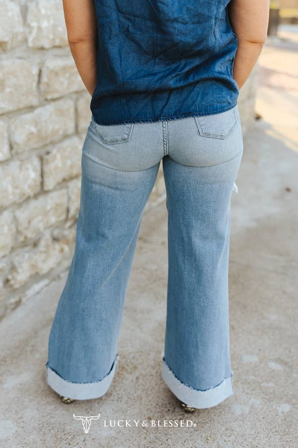 The “Free Spirit” Distressed Wide Leg Cuffed Jeans