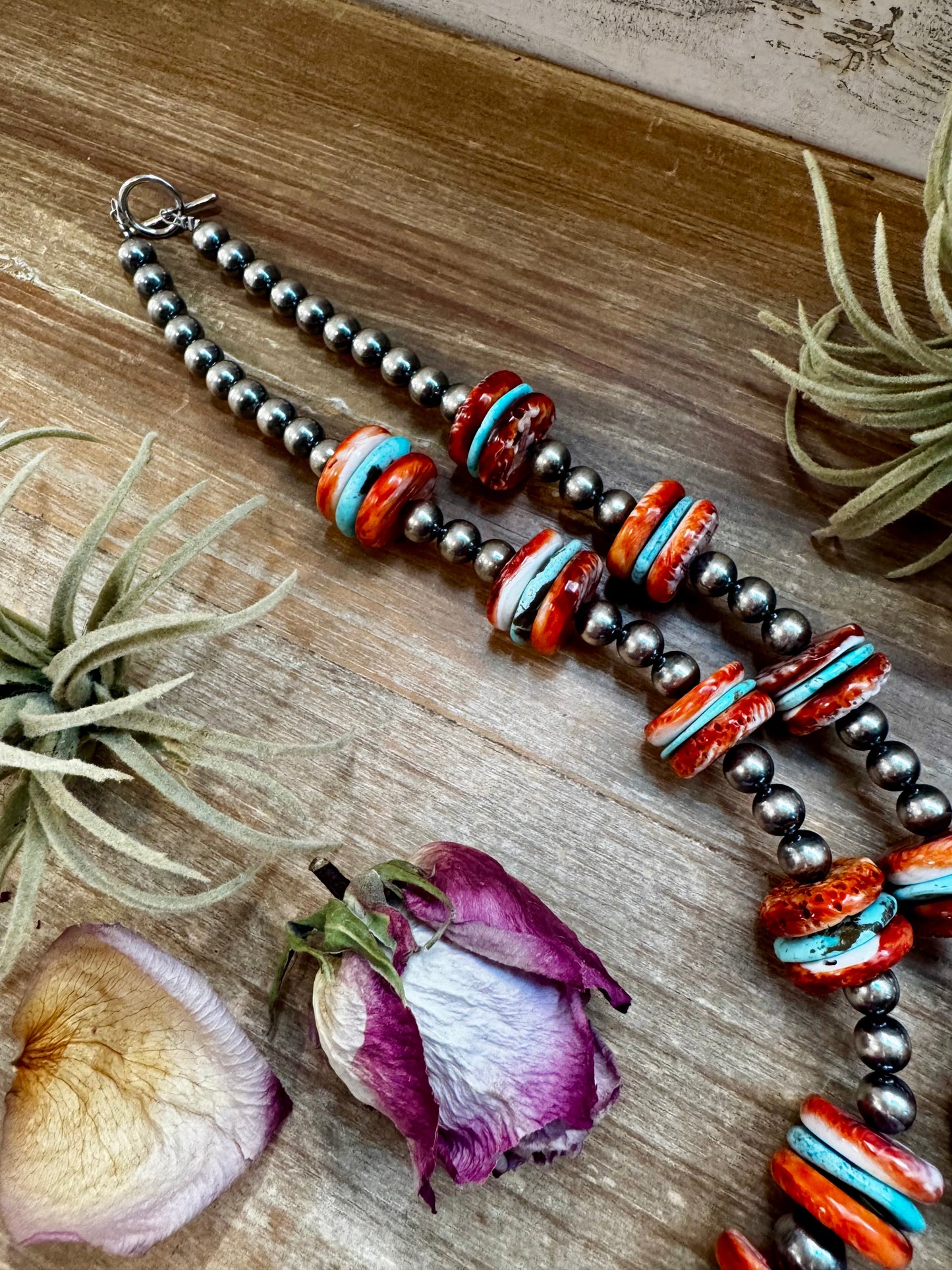 NFR Collection Necklace – Sterling Silver Pearls with Blue Turquoise & Spiny Oyster – Handmade 29"