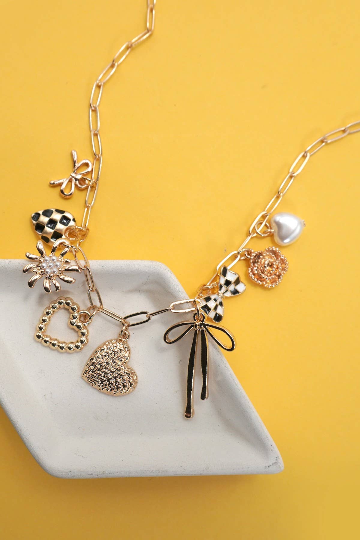 Checkered Bow & Heart Gold Charm Necklace