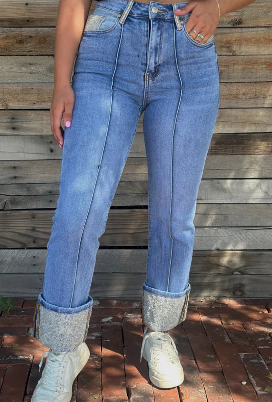 Denim and Lace Cuffed Jeans