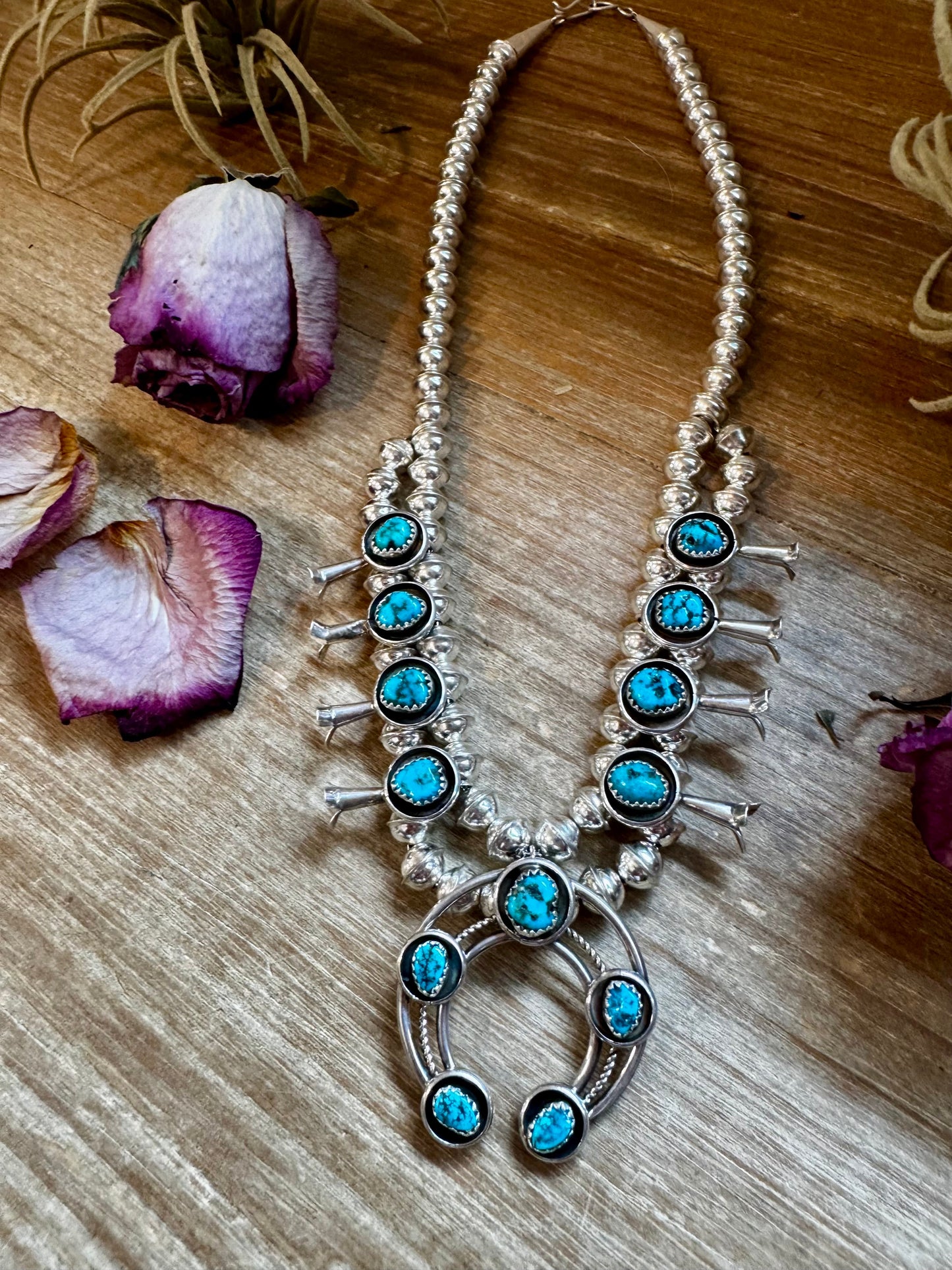 Mini Squash Blossom Necklace & Earrings – Kingman Turquoise – Sterling Silver – Native Made by Lonora Garcia – 17.5"