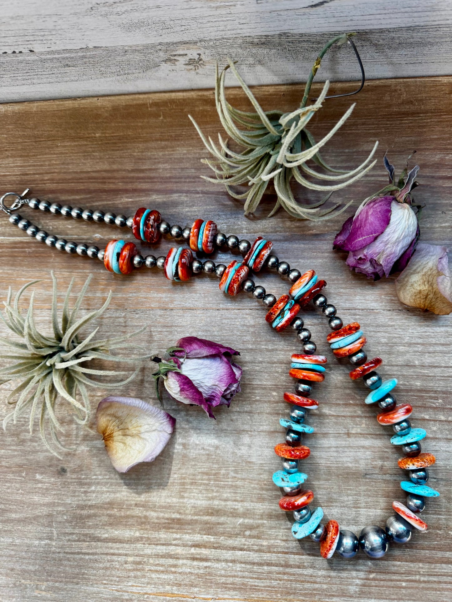 NFR Collection Necklace – Sterling Silver Pearls with Blue Turquoise & Spiny Oyster – Handmade 29"