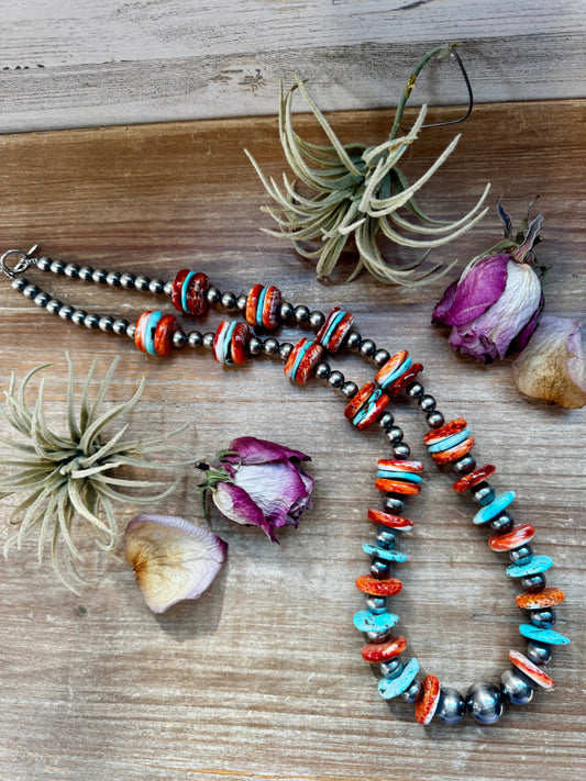 NFR Collection Necklace – Sterling Silver Pearls with Blue Turquoise & Spiny Oyster – Handmade 29"