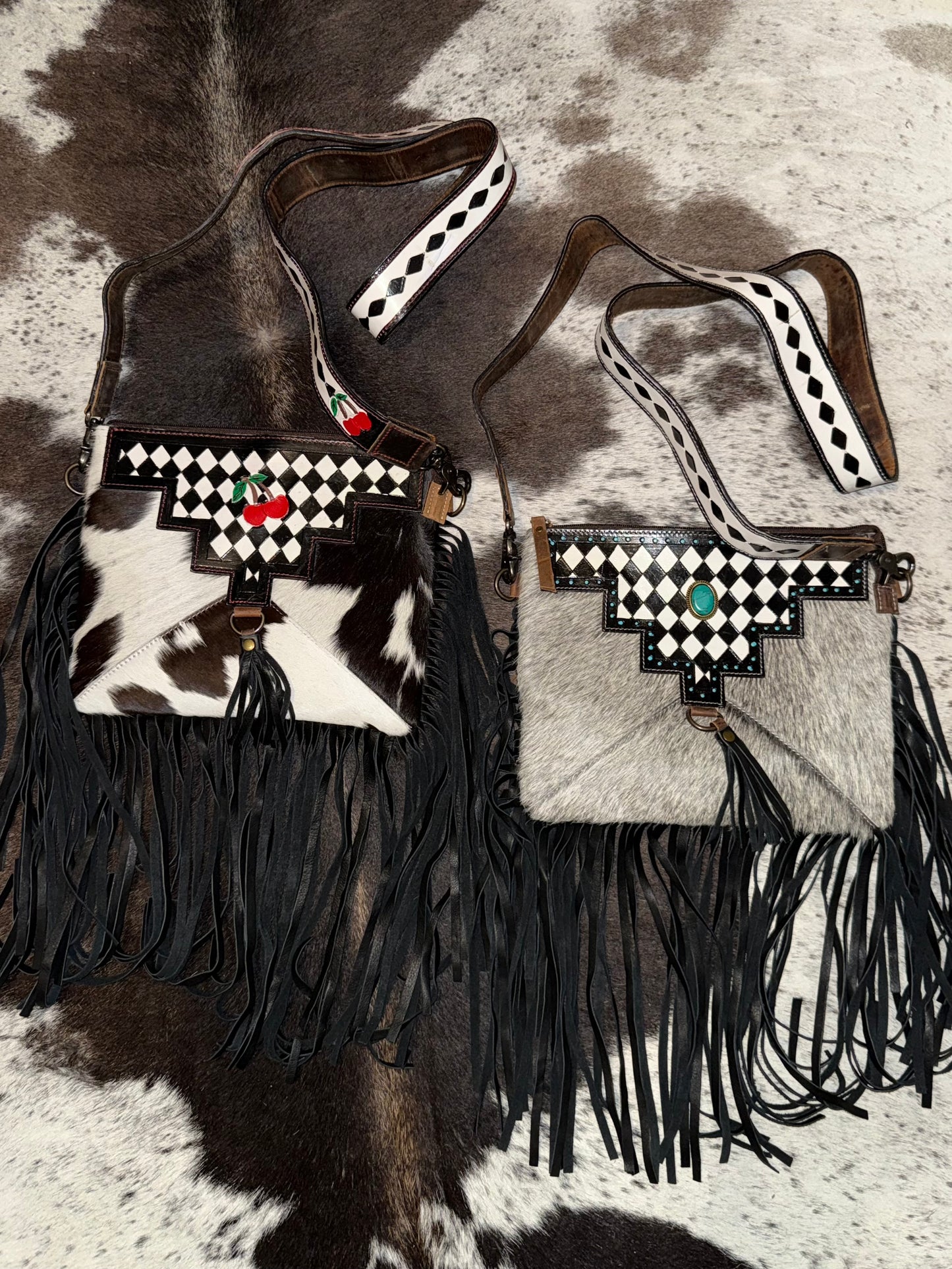 Genuine Leather & Cowhide Checkered Crossbody Purses
