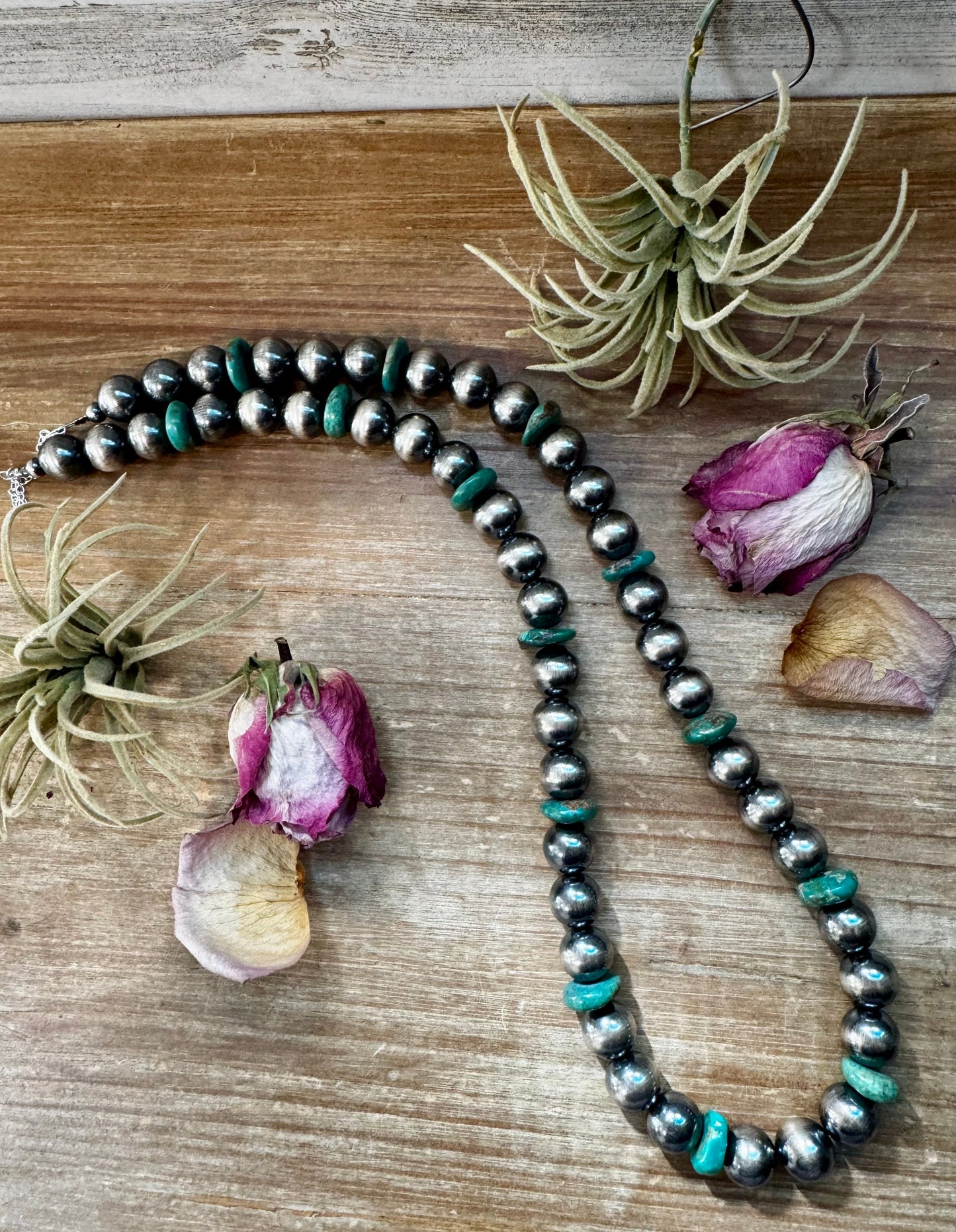 NFR Collection Necklace – 14mm Sterling Silver Pearls with 16mm Green Turquoise Rondelles –  28.5"