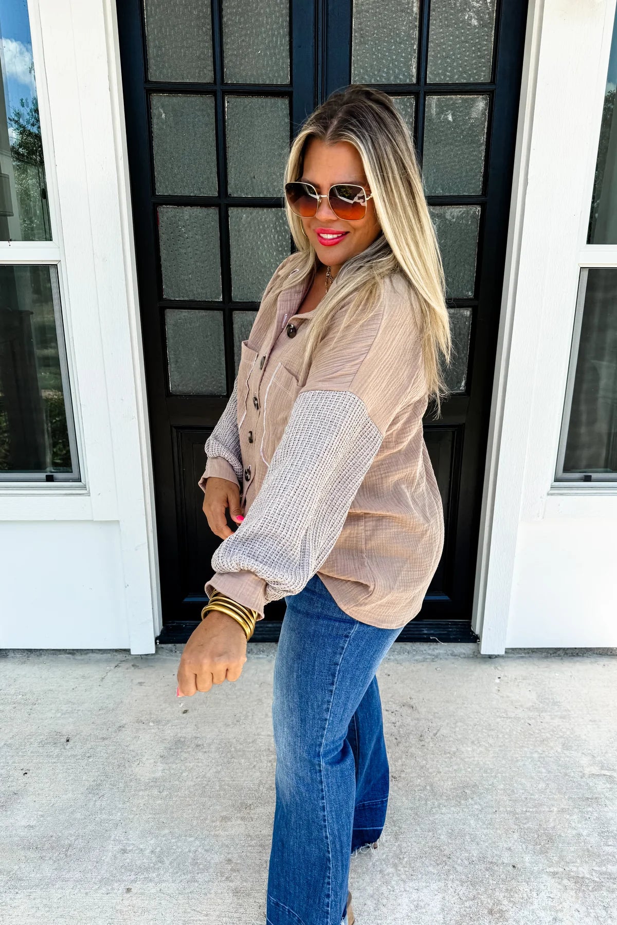 BEIGE IN THE MOMENT KNIT SLEEVE TOP