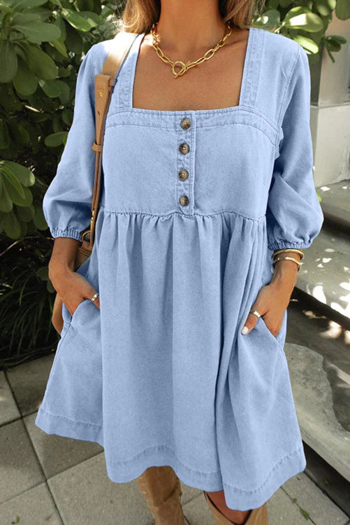 Blue Denim Button Detail Babydoll Square Neck Mini Dress