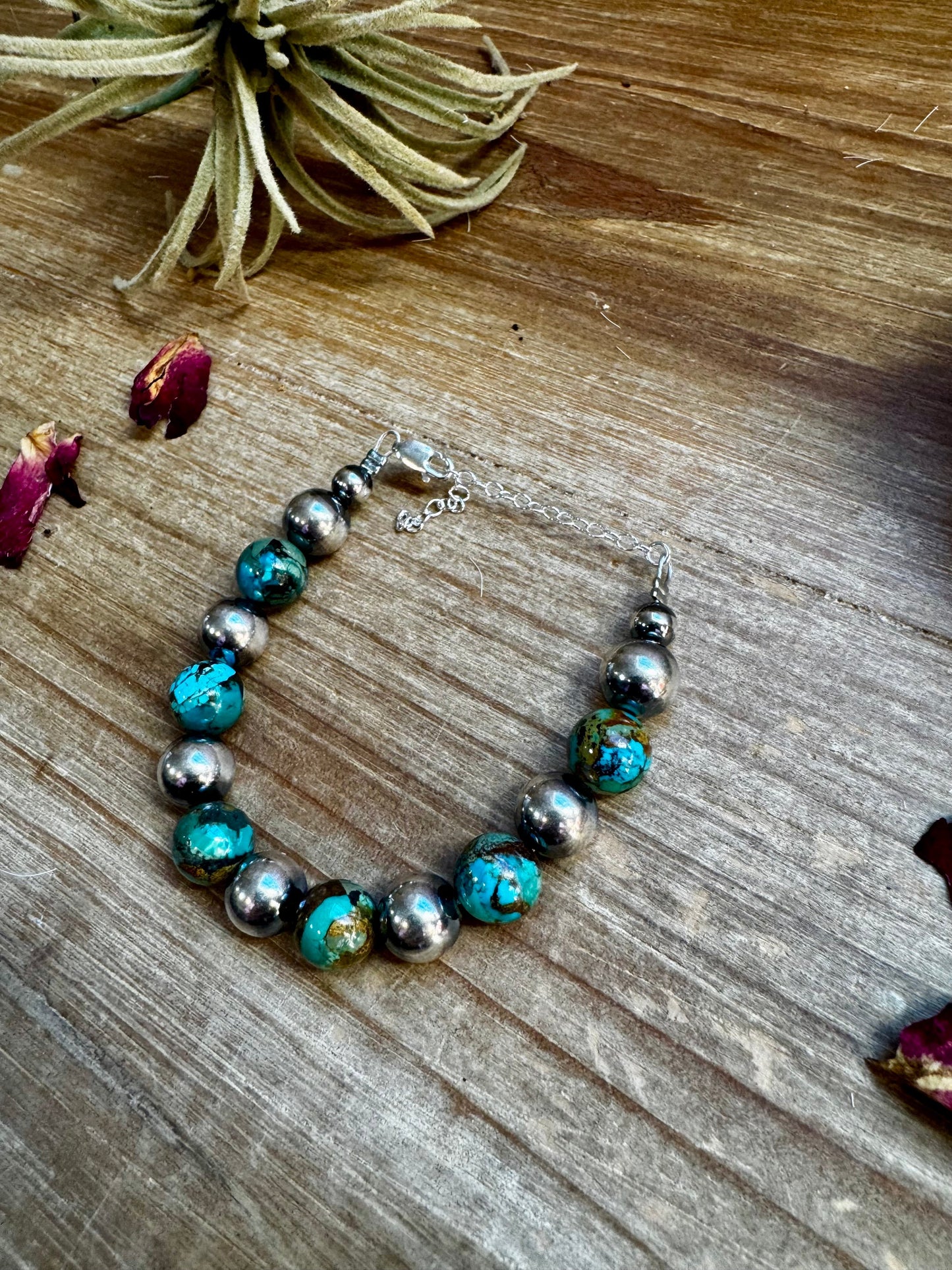 10 mm Sterling Silver Pearls and Turquoise Bracelet