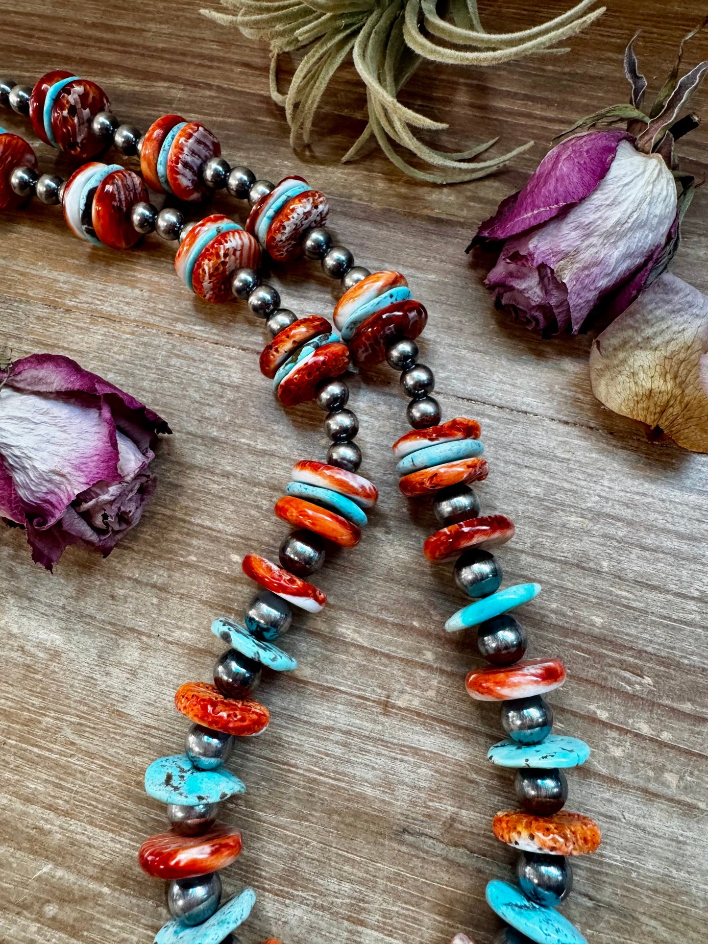 NFR Collection Necklace – Sterling Silver Pearls with Blue Turquoise & Spiny Oyster – Handmade 29"