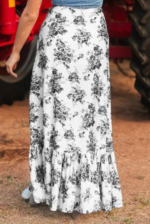 Boho Floral High Waist Ruffle Split Maxi Skirt