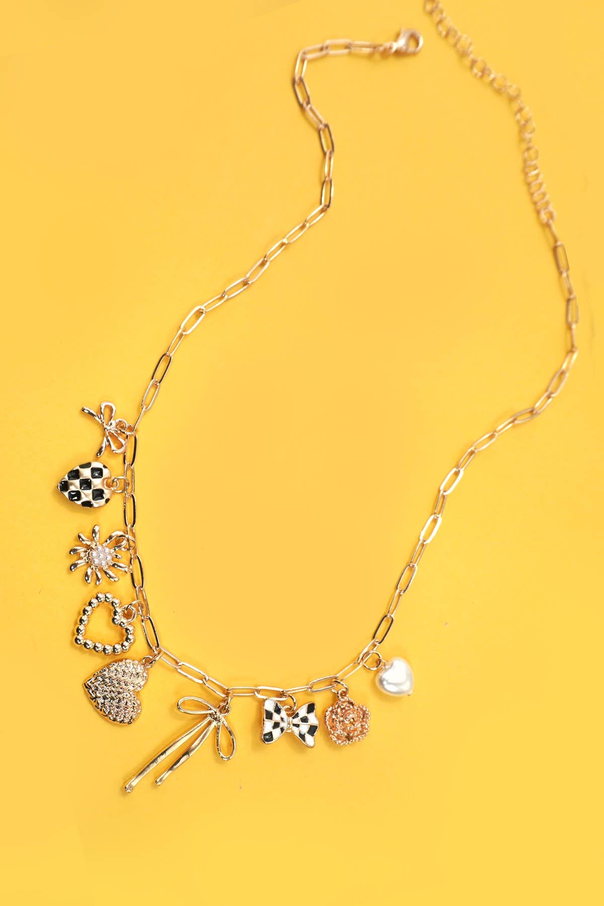 Checkered Bow & Heart Gold Charm Necklace