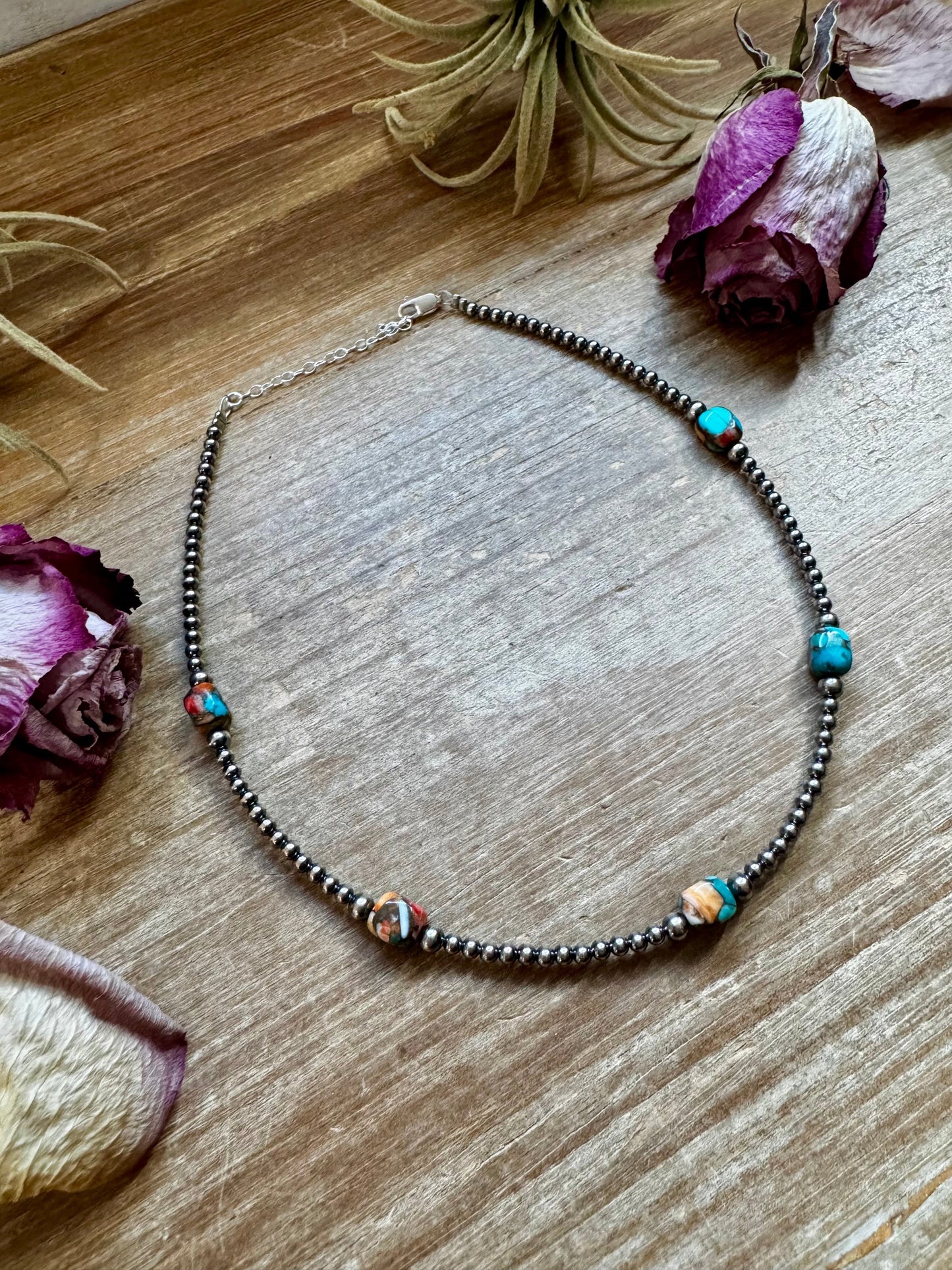 Mixed Turquoise & Spiny Oyster Necklace – 3mm Sterling Silver Pearls