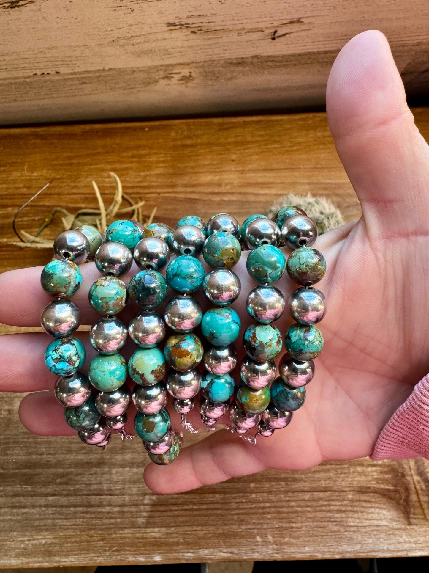 10 mm Sterling Silver Pearls and Turquoise Bracelet