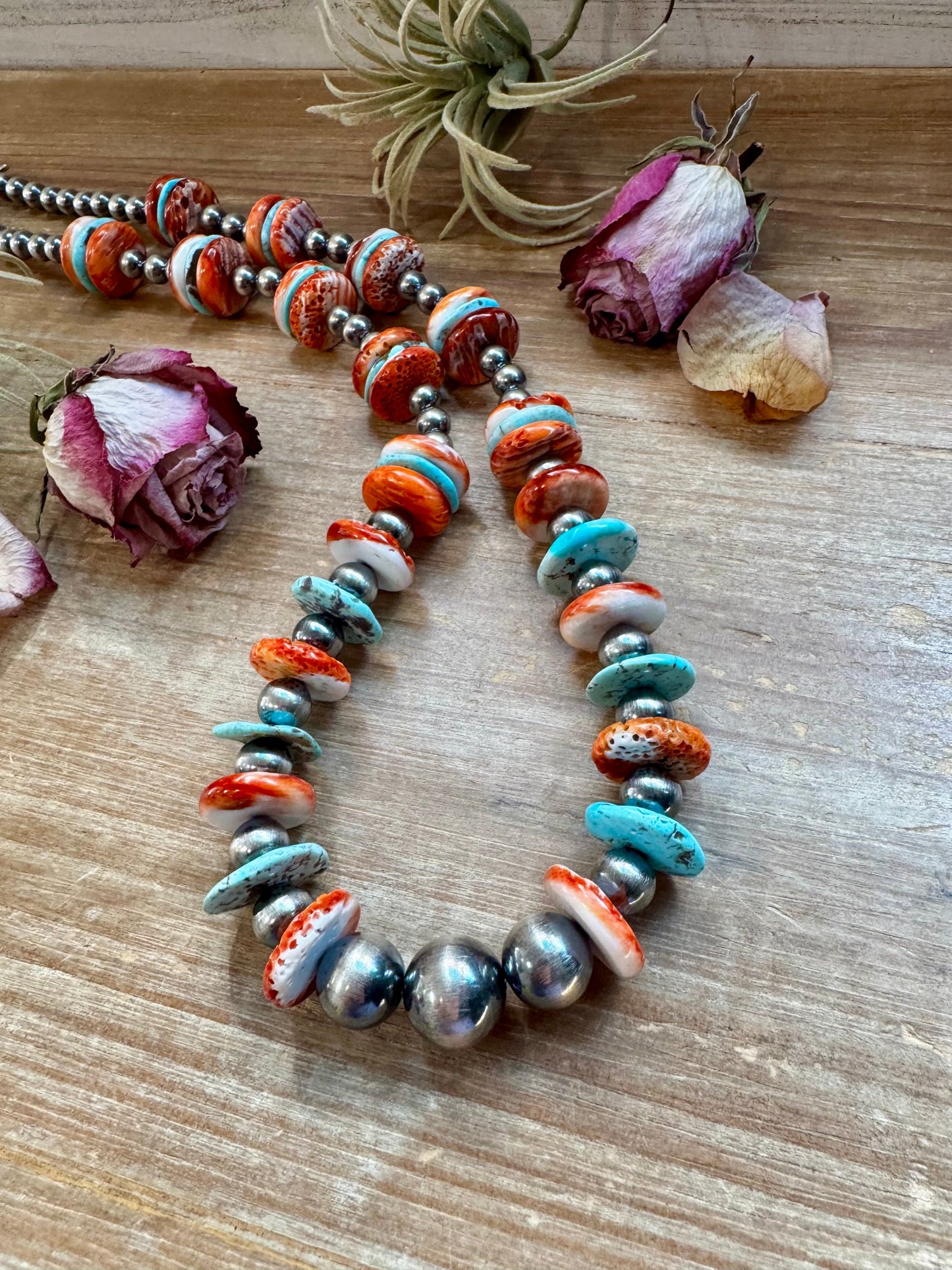 NFR Collection Necklace – Sterling Silver Pearls with Blue Turquoise & Spiny Oyster – Handmade 29"