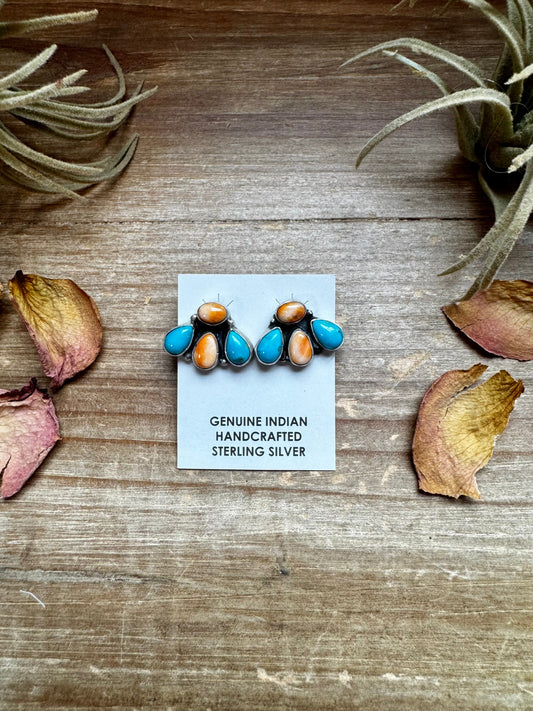 Stud Earrings – Orange Spiny & Turquoise (Stamped Marcella James)