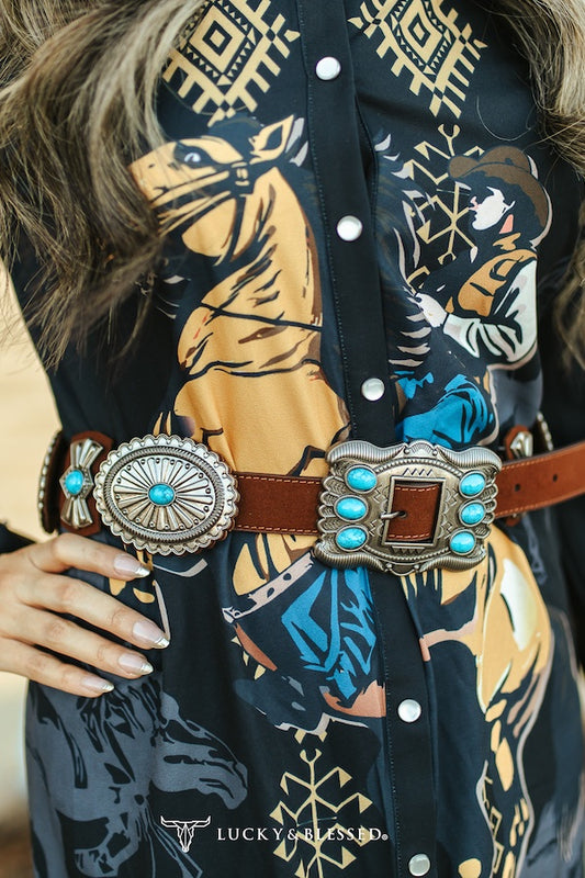 Brown Suede Genuine Leather Oval Ribbon Turquoise Stone Concho Belt