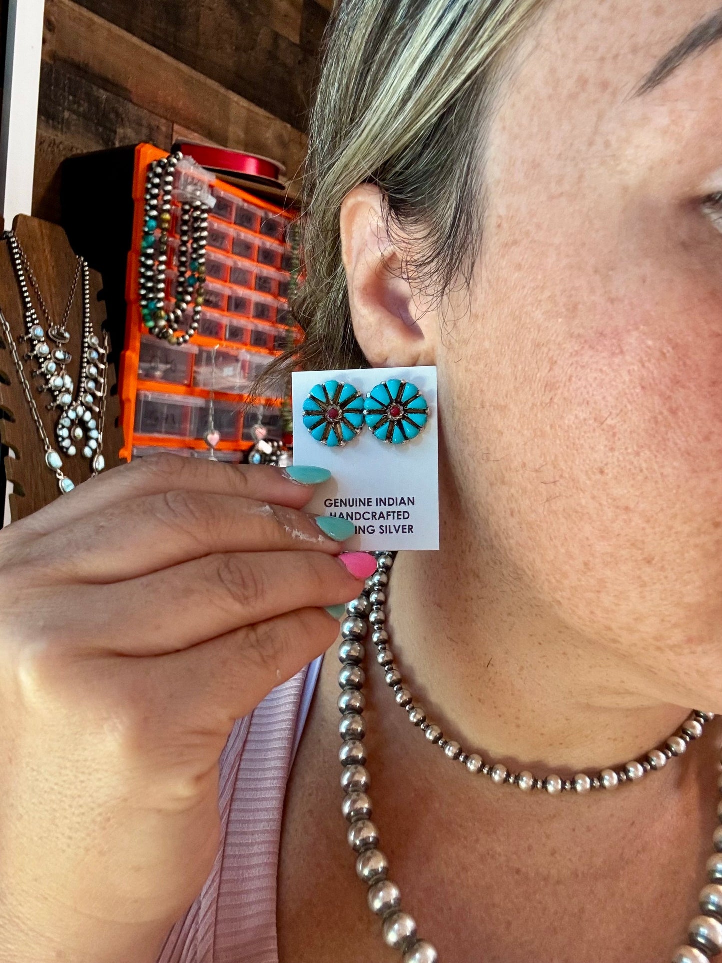 Blue Magnesite Turquoise & Red Cluster Stud Earrings