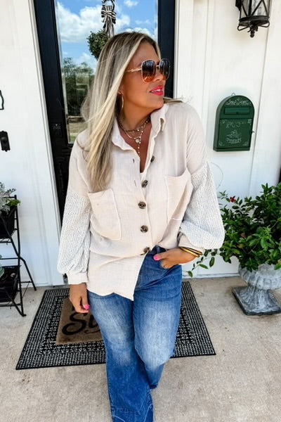 BEIGE IN THE MOMENT KNIT SLEEVE TOP