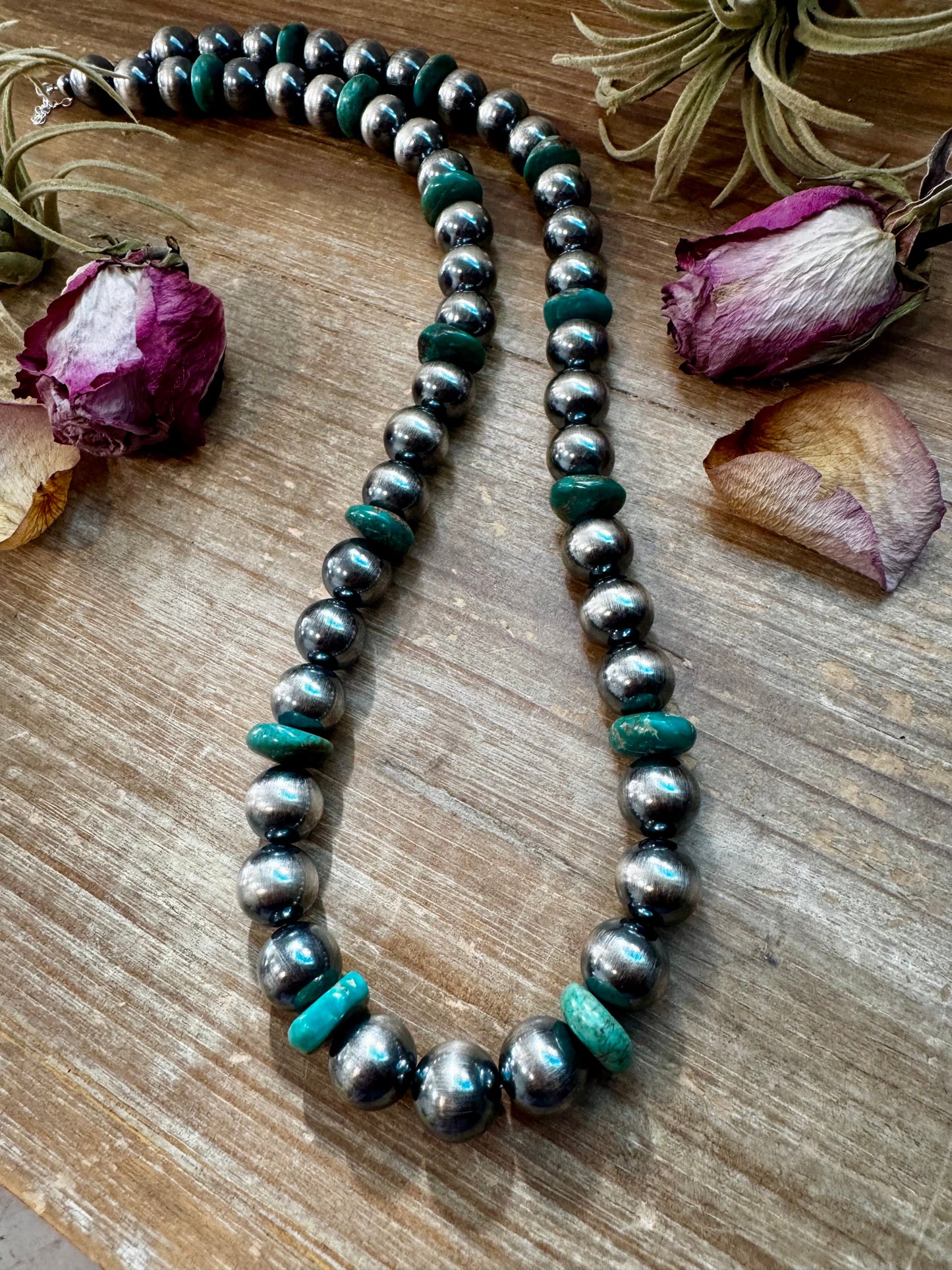 NFR Collection Necklace – 14mm Sterling Silver Pearls with 16mm Green Turquoise Rondelles –  28.5"