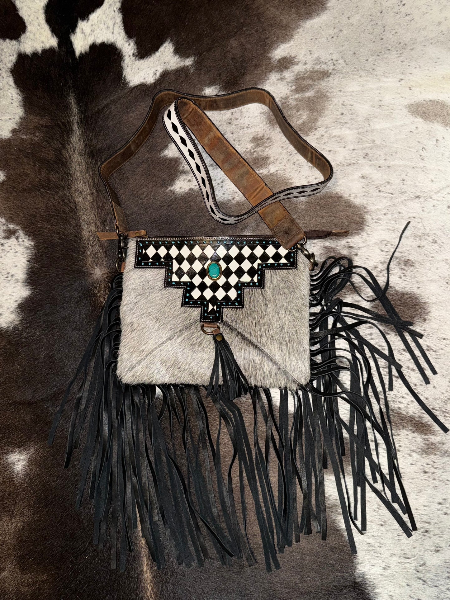 Genuine Leather & Cowhide Checkered Crossbody Purses