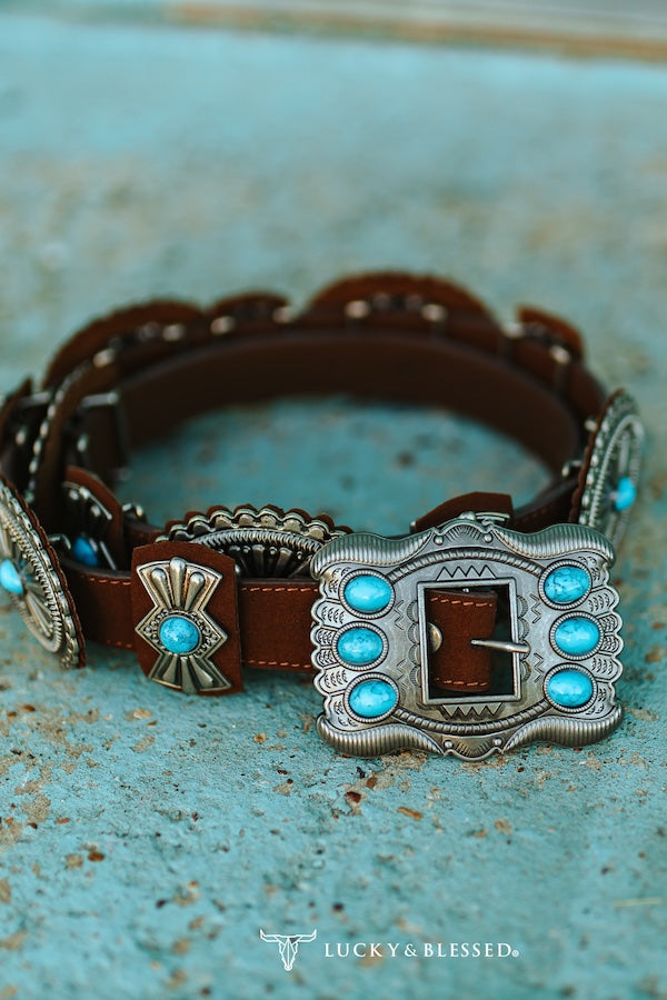 Brown Suede Genuine Leather Oval Ribbon Turquoise Stone Concho Belt