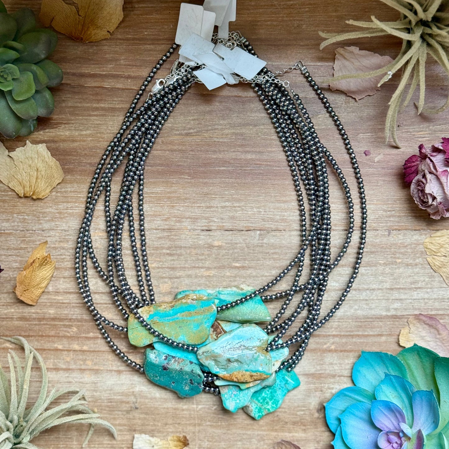 15” Flat Turquoise Necklace – Sterling Silver