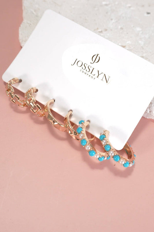 Link & Turqouise Pearl Trio Hoop Earring Set