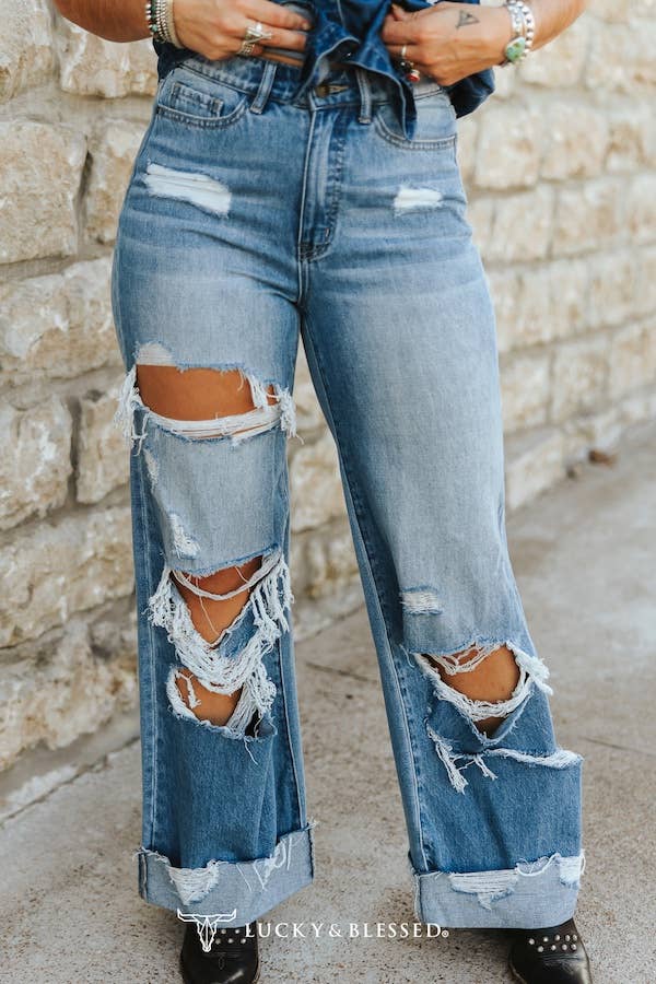 The “Free Spirit” Distressed Wide Leg Cuffed Jeans