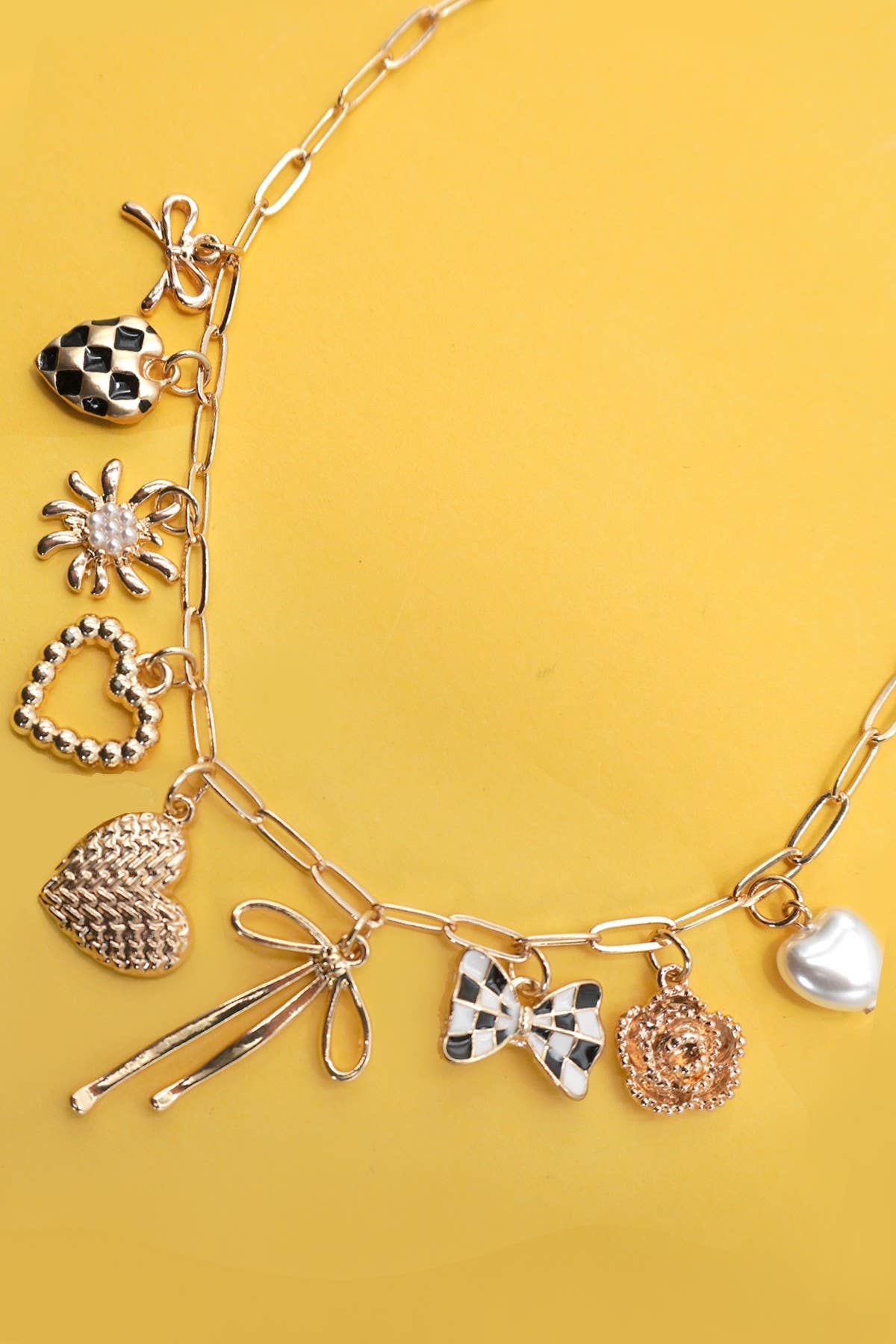 Checkered Bow & Heart Gold Charm Necklace