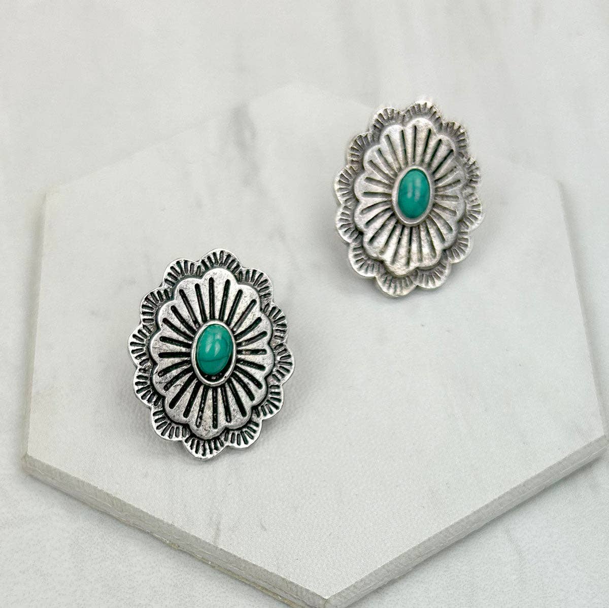 Small Faux Concho Turquoise Stone Earrings